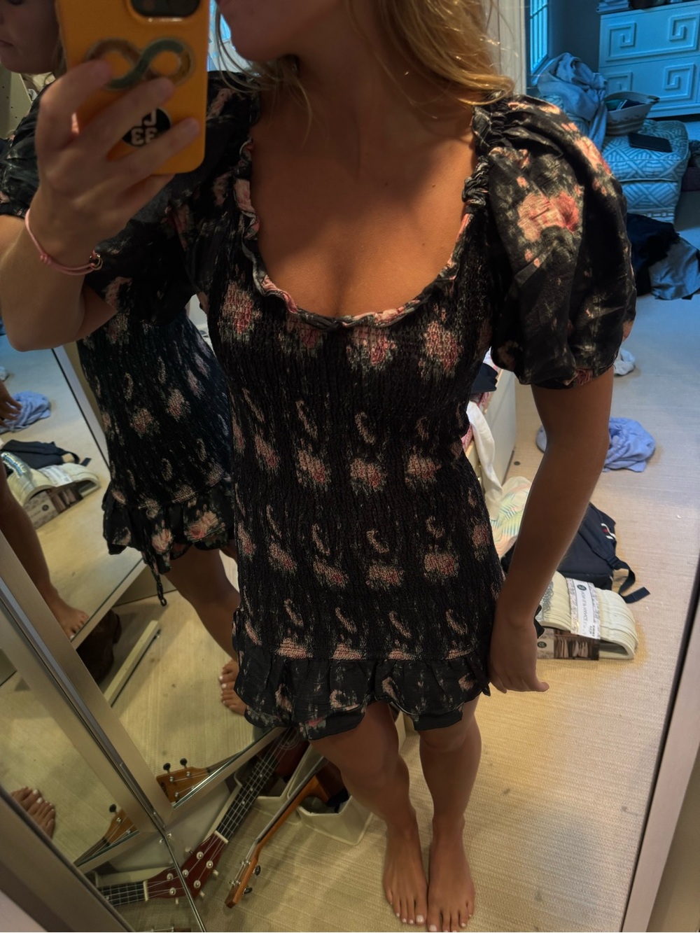 LoveShackFancy Black Floral Smocked Mini Dress with Puff Sleeves size M - Picture 3 of 5